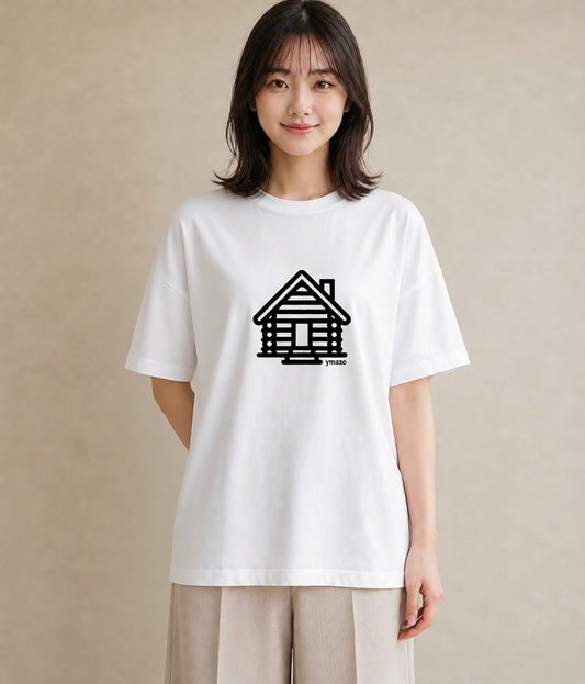 グラフィックTシャツ レディース 湖畔の小屋 湖 小屋 ナチュラル アンティーク イラスト 韓国風 ビーチ デイリーウェア 白T