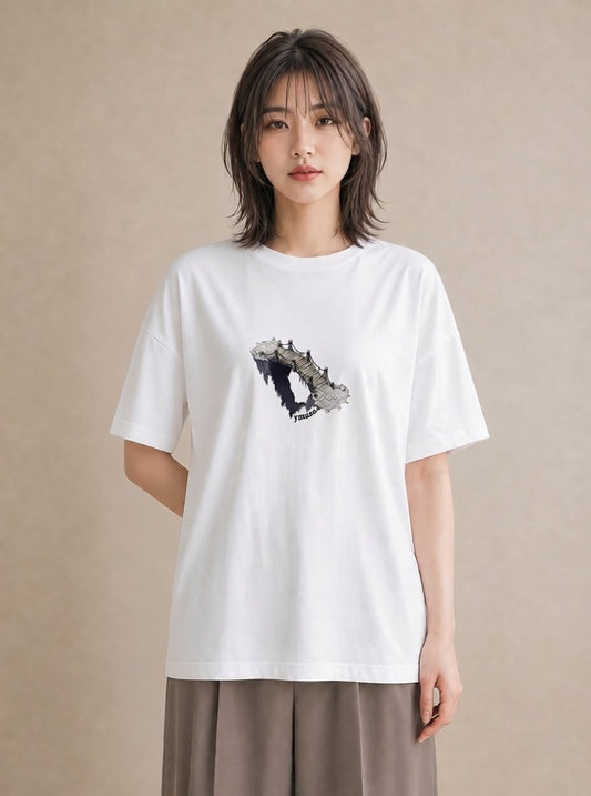 Tシャツ レディース 小川 橋 せせらぎ ナチュラル アンティーク イラスト ラフ 旅行用 海 白T