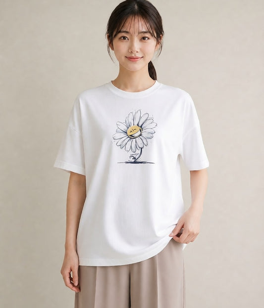 Tシャツ レディース マーガレット 花 花柄 イラスト ゆるかわ 海 カフェ巡り 白T