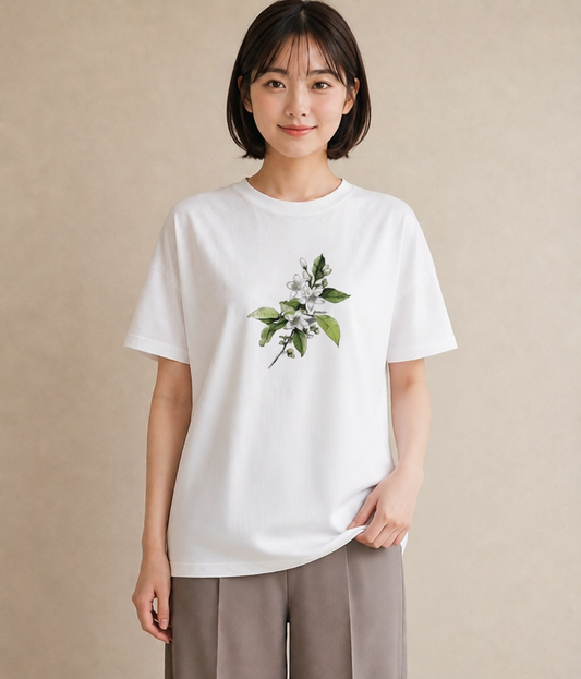 半袖Tシャツ レディース 金木犀 花 花柄 イラスト 手描き風 自分用 ルームウェア 白T