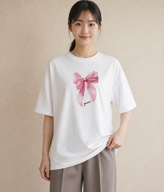 半袖Tシャツ レディース リボン 蝶結び ナチュラル アンティーク イラスト モード ペアコーデ 秋コーデ 白T