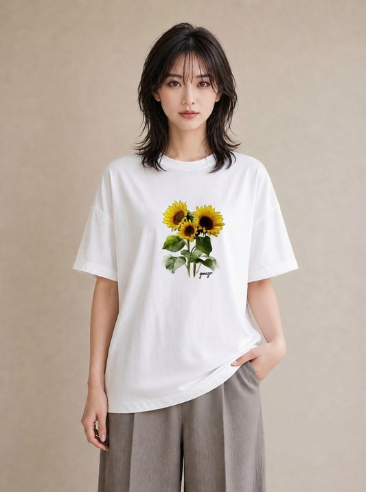 グラフィックTシャツ レディース ひまわり 向日葵 花 花柄 イラスト 手描き風 通学 誕生日プレゼント 白T