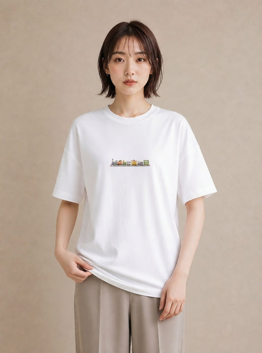 プリントTシャツ レディース 駅のホーム ローカル線 駅 ナチュラル アンティーク イラスト 可愛い ラフ レイヤード 白T