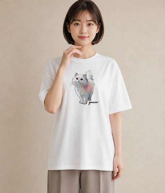 Tシャツ レディース おすわり猫 猫 ねこ イラスト モード ママ カフェ服 白T