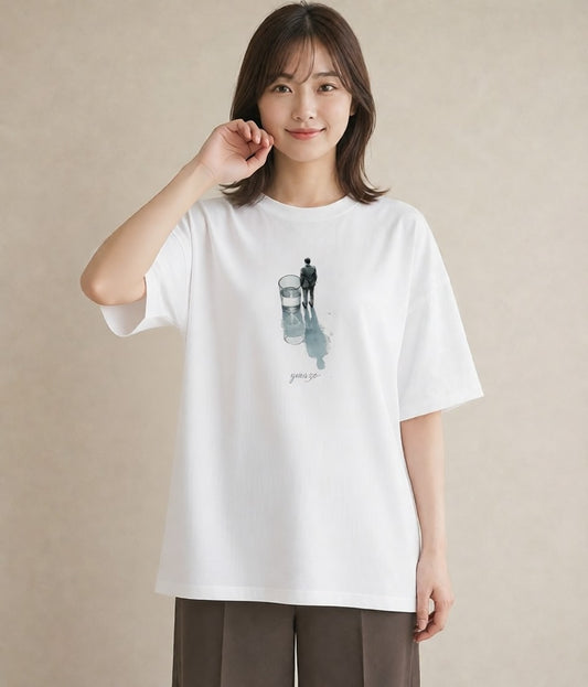 半袖Tシャツ レディース 傘 水たまり 雨 ナチュラル アンティーク イラスト 手描き風 ラフ レイヤード 白T