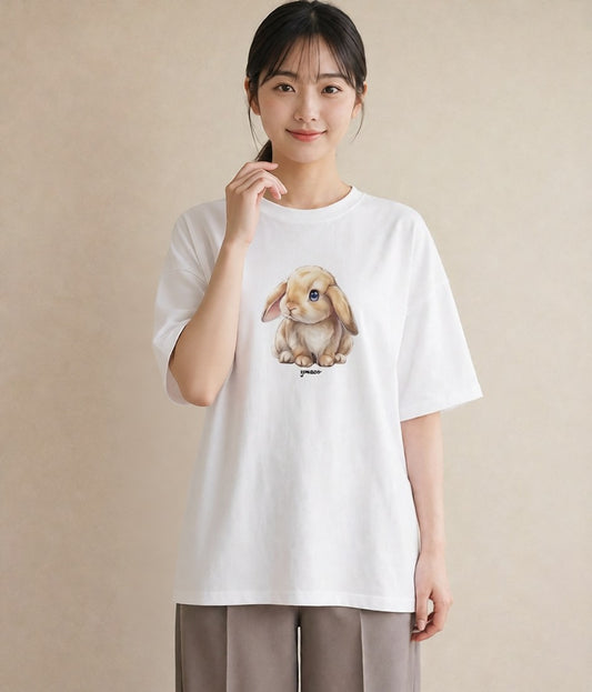 プリントTシャツ レディース ライオンラビット ペット 動物 イラスト ゆるコーデ 普段着 週末コーデ 白T