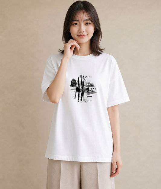 半袖Tシャツ レディース 小川 橋 せせらぎ ナチュラル アンティーク イラスト きれいめカジュアル 海 カフェ巡り 白T