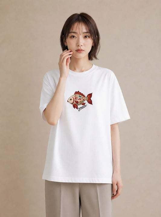 デザインTシャツ レディース 出目金 ペット 動物 イラスト ボタニカル ビーチ デイリーウェア 白T