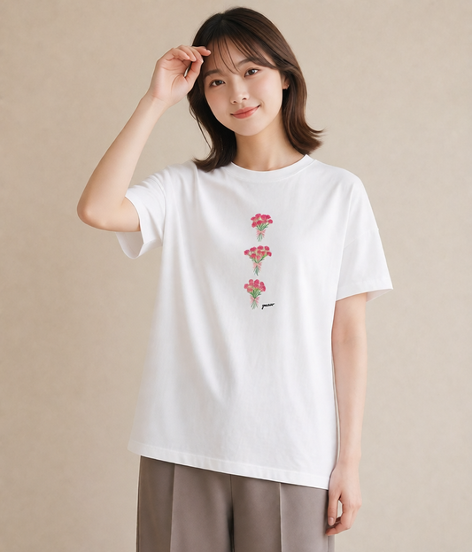 プリントTシャツ レディース カーネーション 花 花柄 イラスト カジュアル 在宅 公園 白T