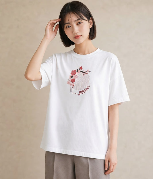 半袖Tシャツ レディース 扇子 そよ風 ナチュラル アンティーク イラスト シック 在宅 公園 白T