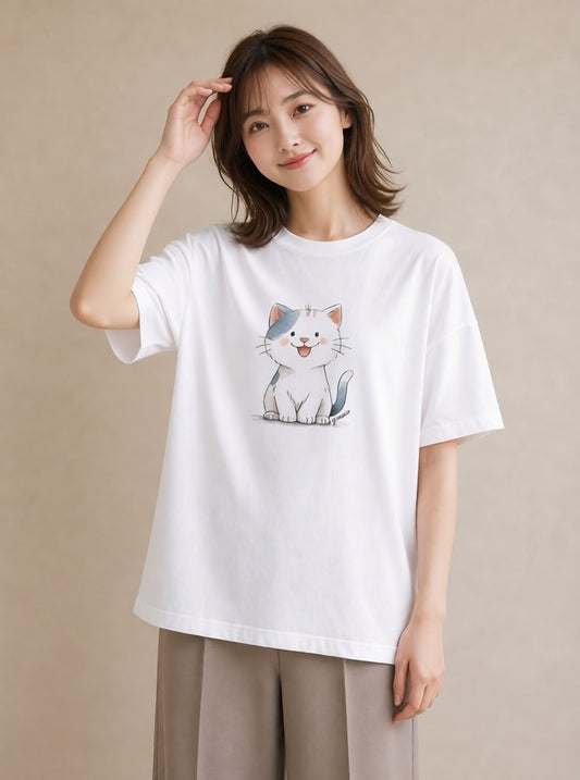 Tシャツ レディース 白猫 猫 ねこ イラスト 手描き風 海 カフェ巡り 白T