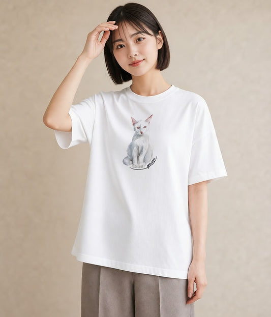 プリントTシャツ レディース 三毛猫 みけねこ 三毛 猫 ねこ イラスト ラフ デート 帰省 白T