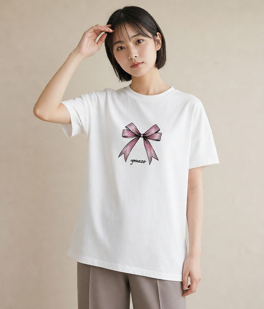 半袖Tシャツ レディース リボン 蝶結び ナチュラル アンティーク イラスト 韓国風 クリスマス 旅行 白T