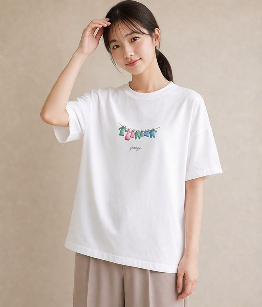 デザインTシャツ レディース 洗濯物 風 ナチュラル アンティーク イラスト 北欧風 週末コーデ 敬老の日 白T