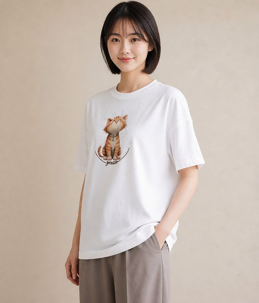 半袖Tシャツ レディース ねこ 猫 ネコ イラスト ゆるコーデ 女性向けギフト 散歩 白T