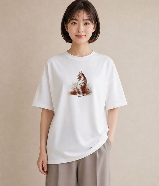 デザインTシャツ レディース 猫 ねこ イラスト 抜け感 通勤 在宅 白T