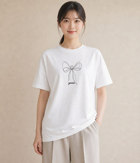 Tシャツ レディース リボン ボウ りぼん イラスト 線画 夏コーデ 通学 白T