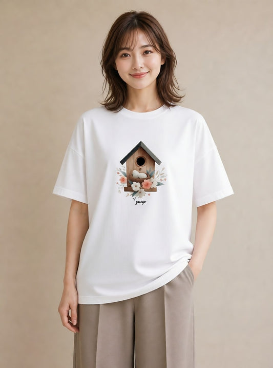 デザインTシャツ レディース 遠い家と鳥 風景 鳥 ナチュラル アンティーク イラスト ミニマル 綿100 デート 白T