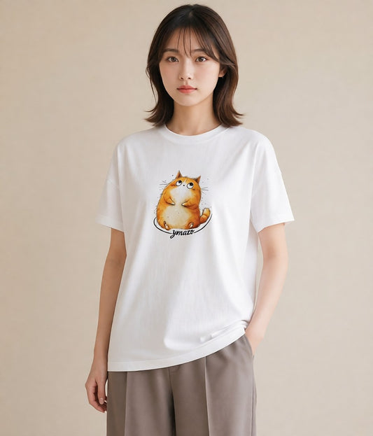 プリントTシャツ レディース 茶トラ 茶猫 猫 ねこ イラスト 淡色 デイリーウェア 休日 白T