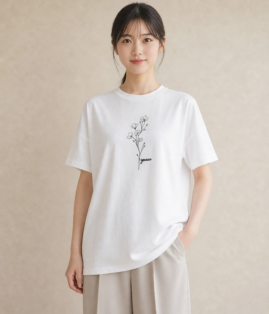 半袖Tシャツ レディース 小花 花 フラワー イラスト きれいめ ルームウェア ギフト 白T