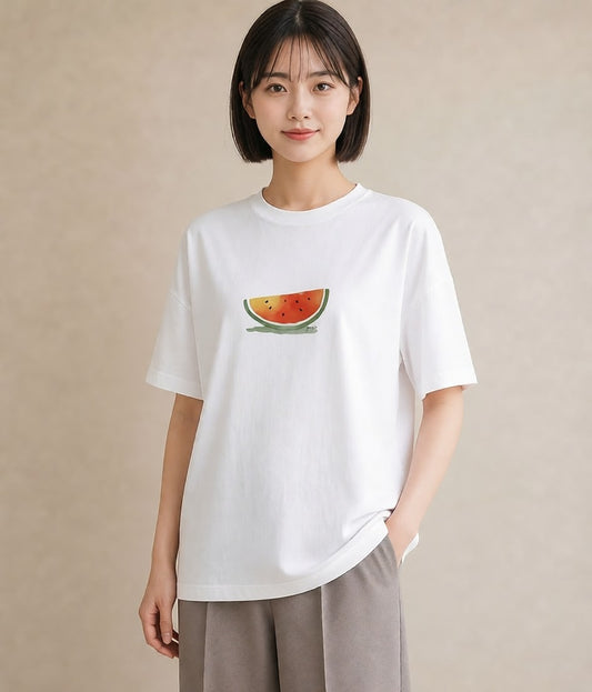 Tシャツ レディース すいか 食べ物 フード イラスト カジュアル 旅行 母娘コーデ 白T