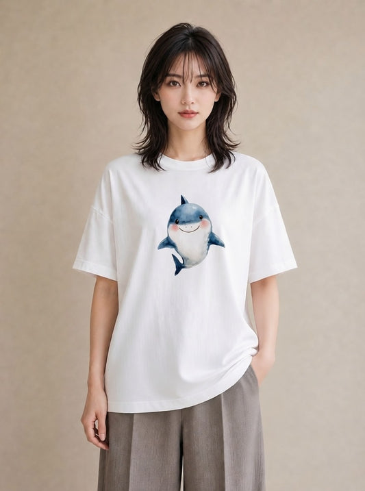 半袖Tシャツ レディース クジラ 海の生き物 海 イラスト きれいめ 買い物 夏コーデ 白T