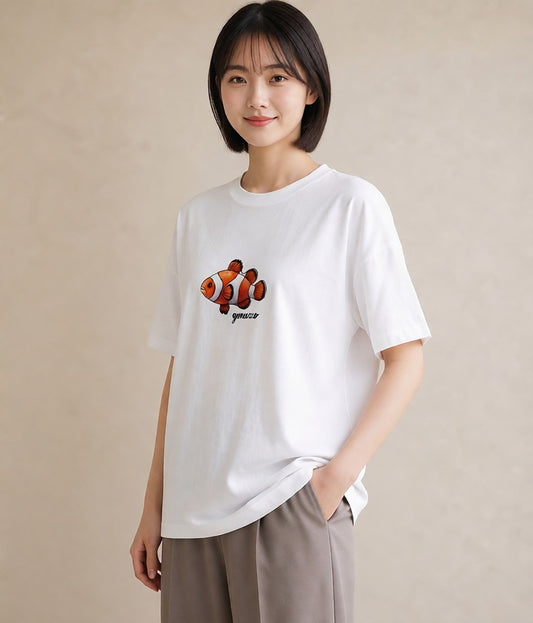 グラフィックTシャツ レディース 金魚 ペット 動物 イラスト ナチュラル ラフ レイヤード 白T