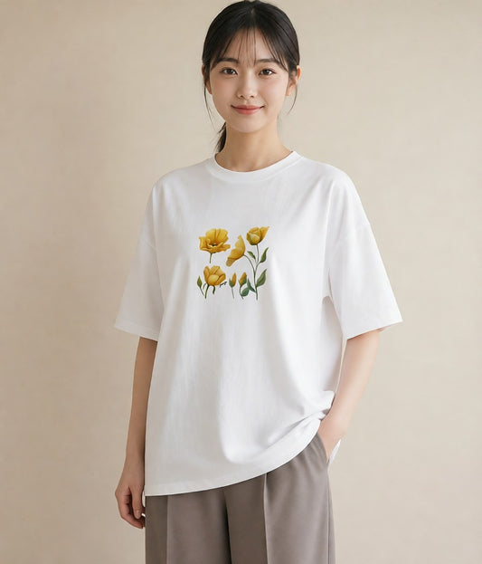 Tシャツ レディース チューリップ 花 花柄 イラスト ゆるコーデ ラフ レイヤード 白T