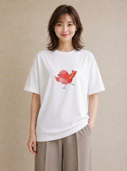 プリントTシャツ レディース 桜文鳥 ペット 動物 イラスト 手描き風 買い物 夏コーデ 白T