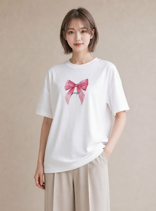 Tシャツ レディース リボン 蝶結び ナチュラル アンティーク イラスト ミニマル 春コーデ 姉妹 白T