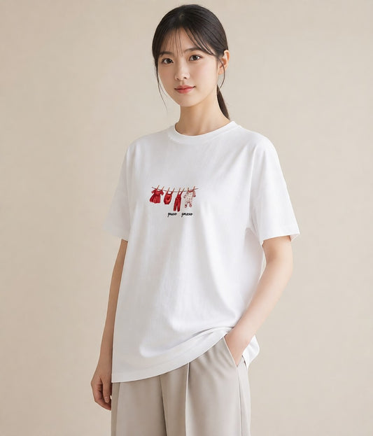 グラフィックTシャツ レディース 洗濯物 風 ナチュラル アンティーク イラスト お洒落 通勤 在宅 白T