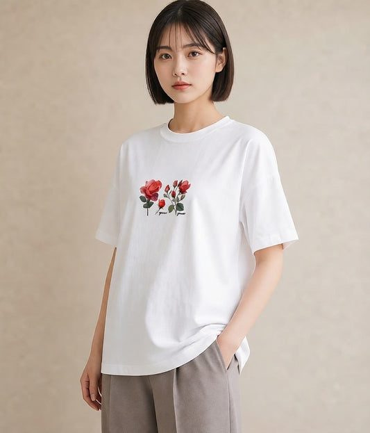 グラフィックTシャツ レディース バラ 薔薇 ローズ 花 花柄 イラスト 休日コーデ 春コーデ 姉妹 白T