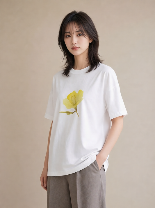 Tシャツ レディース パンジー 花 花柄 イラスト ゆるかわ 普段着 週末コーデ 白T