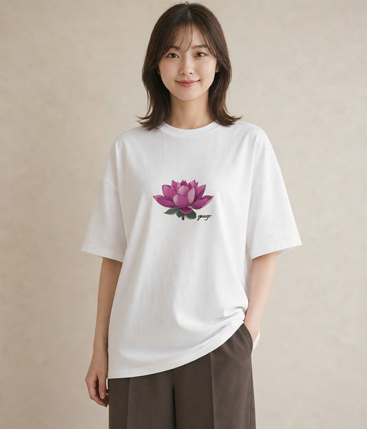 プリントTシャツ レディース 蓮 花 花柄 イラスト 淡色 お出かけ 普段着 白T