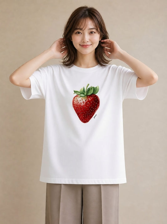 グラフィックTシャツ レディース いちご 苺 ストロベリー 食べ物 フード イラスト 個性的 綿100 デート 白T