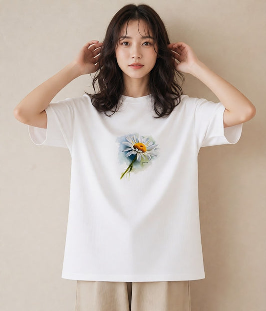 半袖Tシャツ レディース マーガレット 花 花柄 イラスト 水彩風 お出かけ 普段着 白T