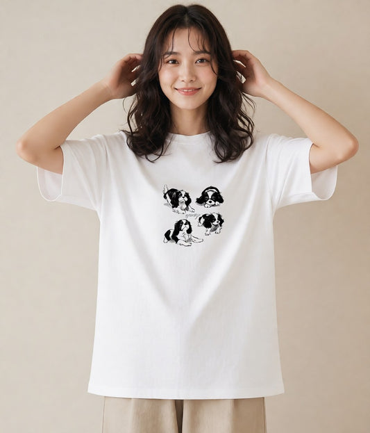 Tシャツ レディース キャバリア 犬 いぬ イラスト ミセス 春コーデ 白T