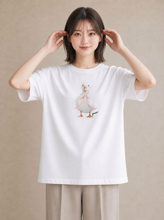半袖Tシャツ レディース 白文鳥 ペット 動物 イラスト カフェコーデ ホワイトデー 春服 白T