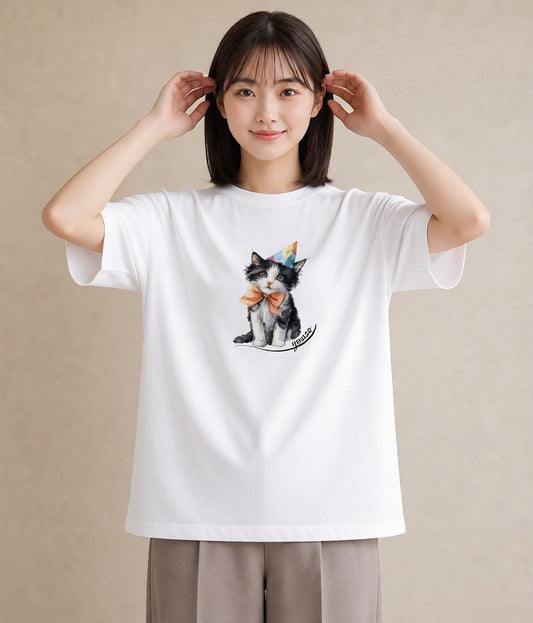 プリントTシャツ レディース ハチワレ 白黒猫 猫 ねこ イラスト 水彩風 カフェ巡り 女子会 白T