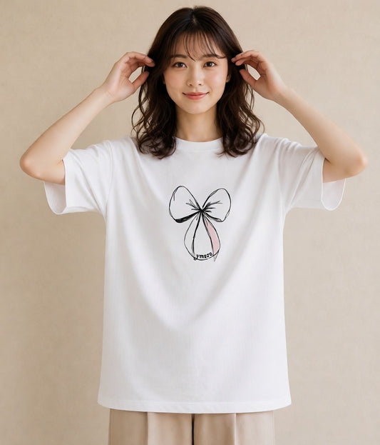 デザインTシャツ レディース リボン ボウ りぼん イラスト ゆるコーデ ビーチ デイリーウェア 白T