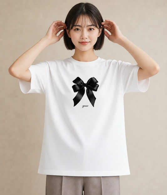 グラフィックTシャツ レディース リボン ボウ りぼん イラスト カフェコーデ お出かけ 普段着 白T