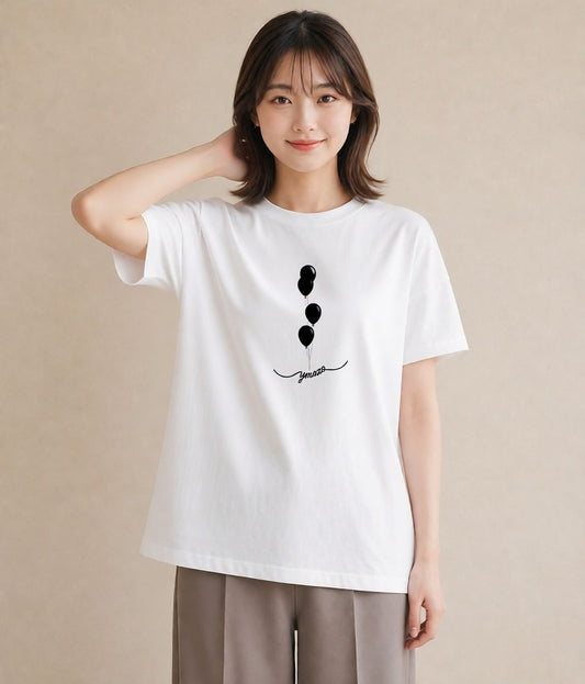 プリントTシャツ レディース 紙風船 和紙 ナチュラル アンティーク イラスト 水彩風 ペアコーデ 秋コーデ 白T