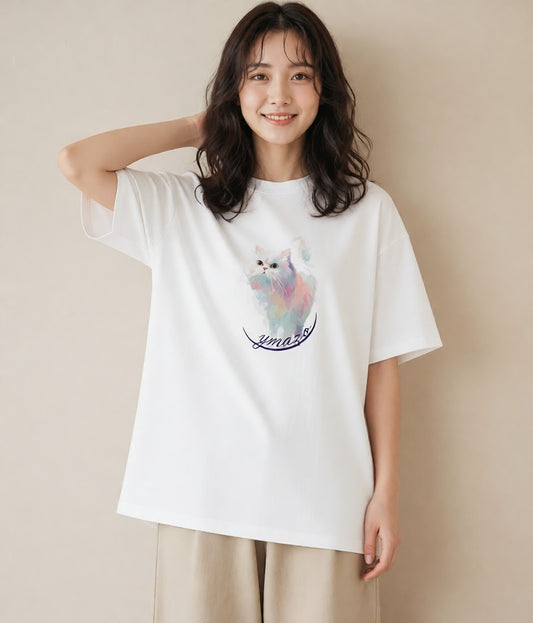 デザインTシャツ レディース 三毛猫 みけねこ 三毛 猫 ねこ イラスト シンプル ペアコーデ 秋コーデ 白T