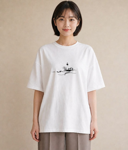 半袖Tシャツ レディース 灯台 霧 海 ナチュラル アンティーク イラスト ボタニカル ラフ レイヤード 白T