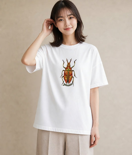 プリントTシャツ レディース カブトムシ 昆虫 虫 イラスト ニュアンス ラフ レイヤード 白T