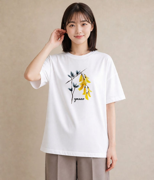 半袖Tシャツ レディース ミモザ 花 花柄 イラスト 淡色 カジュアルコーデ 買い物 白T
