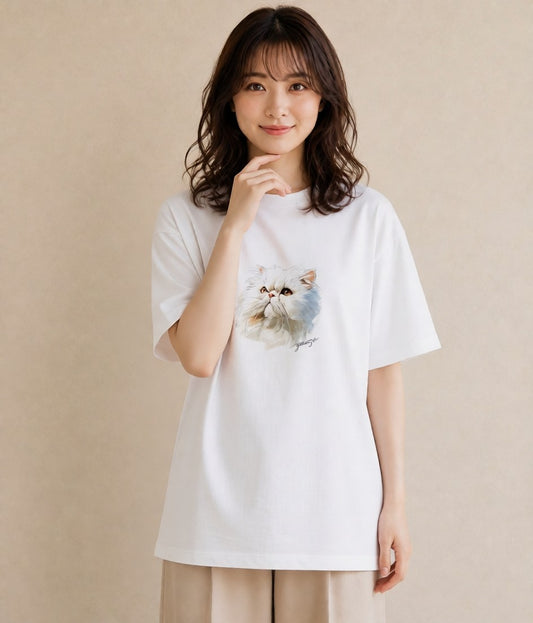 Tシャツ レディース エキゾチックショートヘア 猫 ねこ イラスト 韓国風 ママ カフェ服 白T