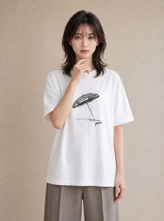 グラフィックTシャツ レディース 傘 水たまり 雨 ナチュラル アンティーク イラスト 韓国風 送別ギフト 通勤 白T
