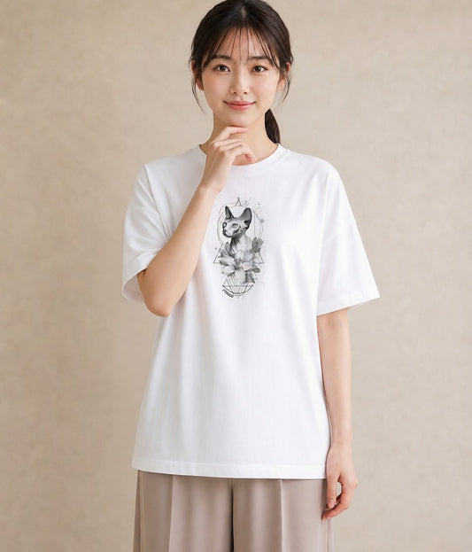 デザインTシャツ レディース スフィンクス 猫 ねこ イラスト ニュアンス デイリーウェア 休日 白T