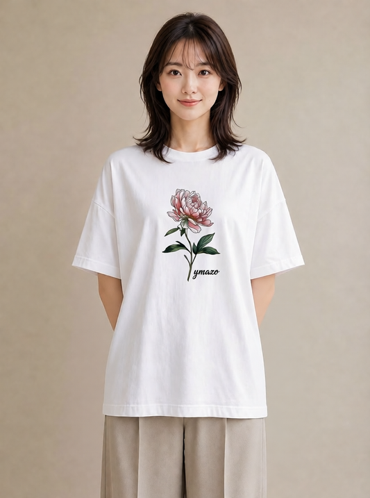 プリントTシャツ レディース 牡丹 花 花柄 イラスト ヴィンテージ風 部屋着 女性向けギフト 白T